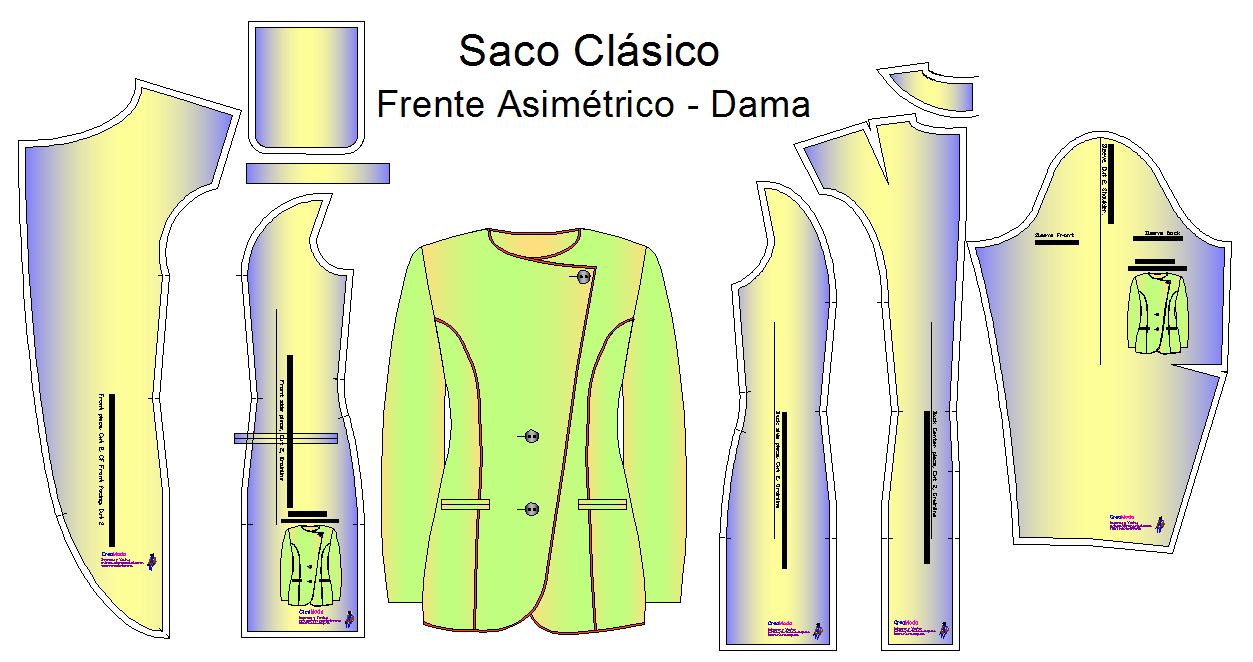Patrones para confección de saco sastre de dama con frente asimétrico.
